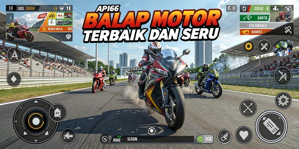 Tangkapan layar utama menampilkan gameplay balap motor yang mendebarkan.