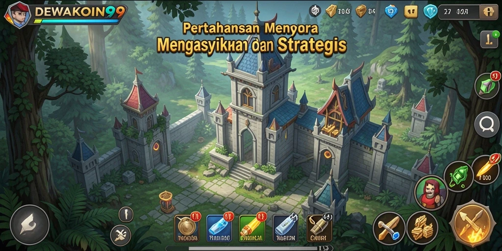 Tampilan permainan DEWAKOIN99 dengan menara yang siap bertahan dari serangan musuh.