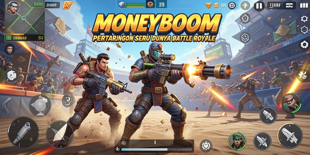 Tampilan pertempuran seru dalam game MONEYBOOM di arena Battle Royale.
