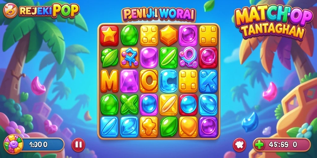 Tampilan gameplay seru dari REJEKIPOP dengan aksi Match-3 yang menegangkan.