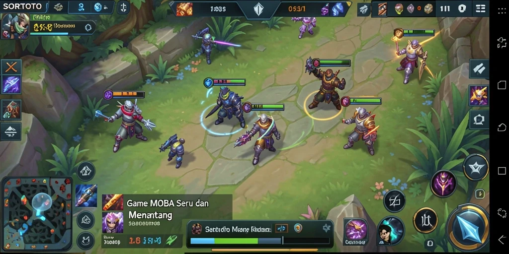 Screenshot gameplay SORTOTO menunjukkan pertempuran intens di arena MOBA.